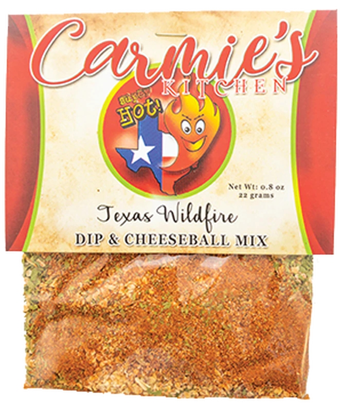Carmie's Kitchen Texas Wildfire Dip & Cheeseball Mix packet with visible spice blend.
