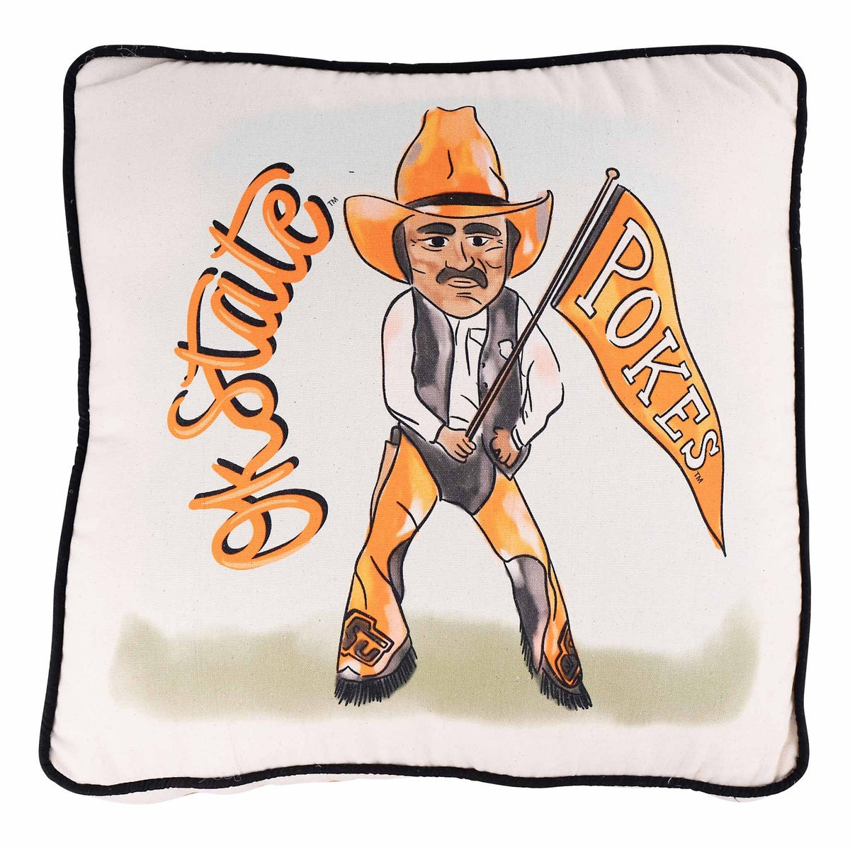 Square white pillow featuring a cartoon Oklahoma State mascot holding a Pokes flag.