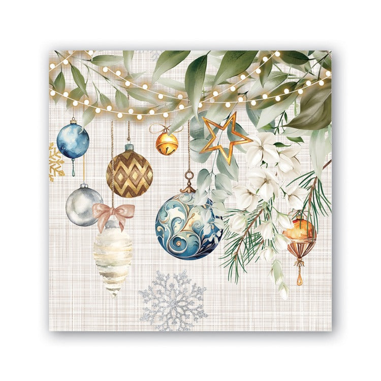 Packaged holiday cocktail napkins featuring a festive seasonal pattern.