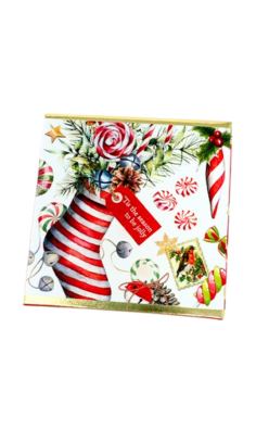 Sparkling Winter Berries small soap in a festive box with a red and white striped stocking design.