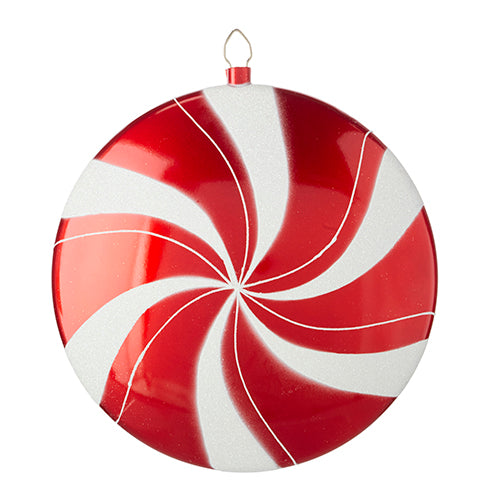 12-inch round plastic peppermint ornament with red and white glittery swirl pattern.