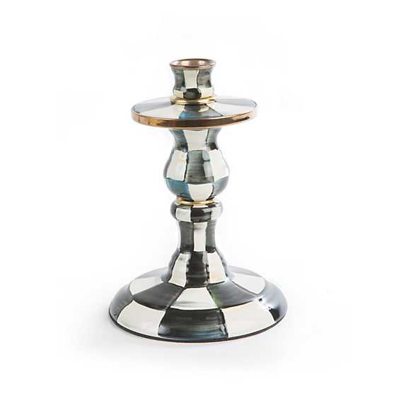 Small Courtly Check enamel candlestick with hand-painted black and white checks and brass accents.