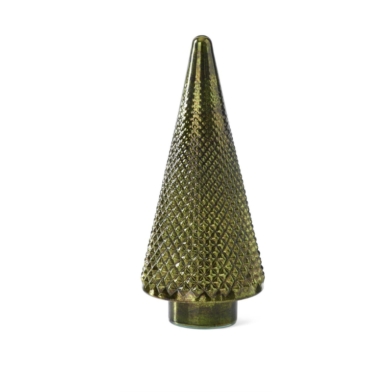Green mercury glass Christmas tree with a textured hobnail pattern and a reflective finish.