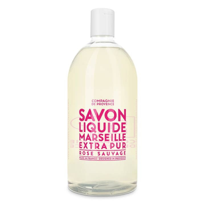 Refill bottle of Compagnie de Provence Savon Liquide Marseille Extra Pur in Rose Sauvage scent.