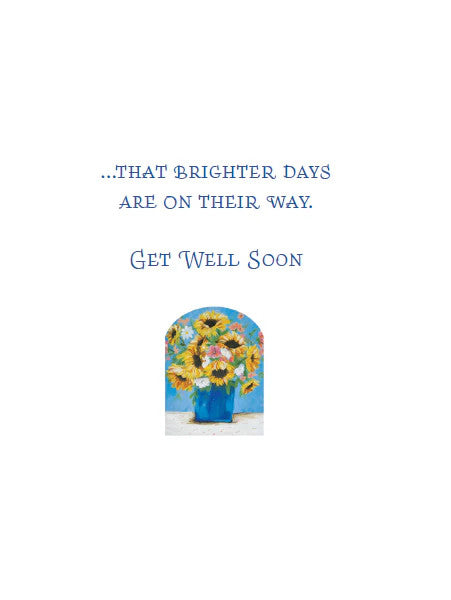 Get Well Soon foil card featuring a sunflower bouquet with text reading 'Sending Sunny Wishes' and 'brighter days are on their way.'