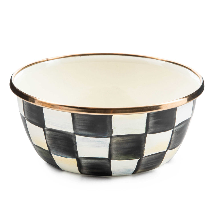 Courtly Check Enamel Pinch Bowl with hand-painted black and white checks and a bronzed rim.