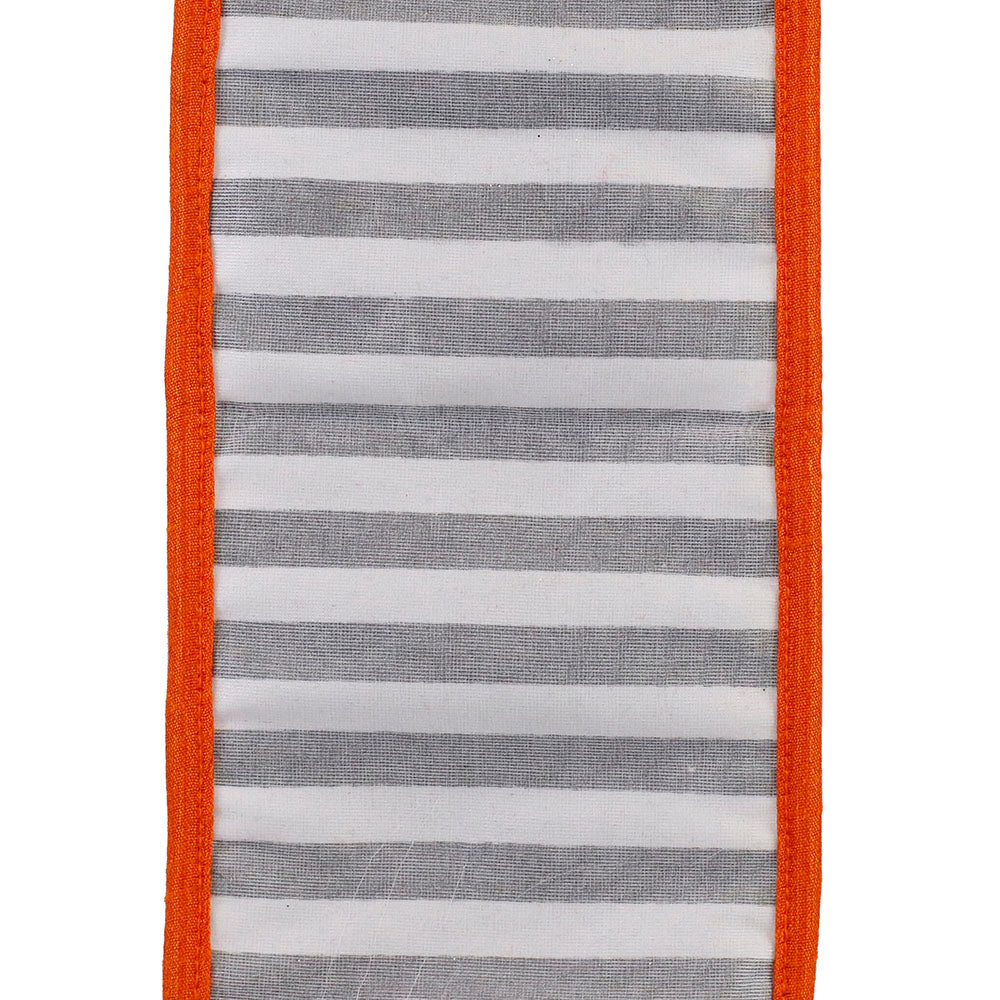 4 inch wide ribbon with grey and white railroad stripes and a heavy wired orange edge.