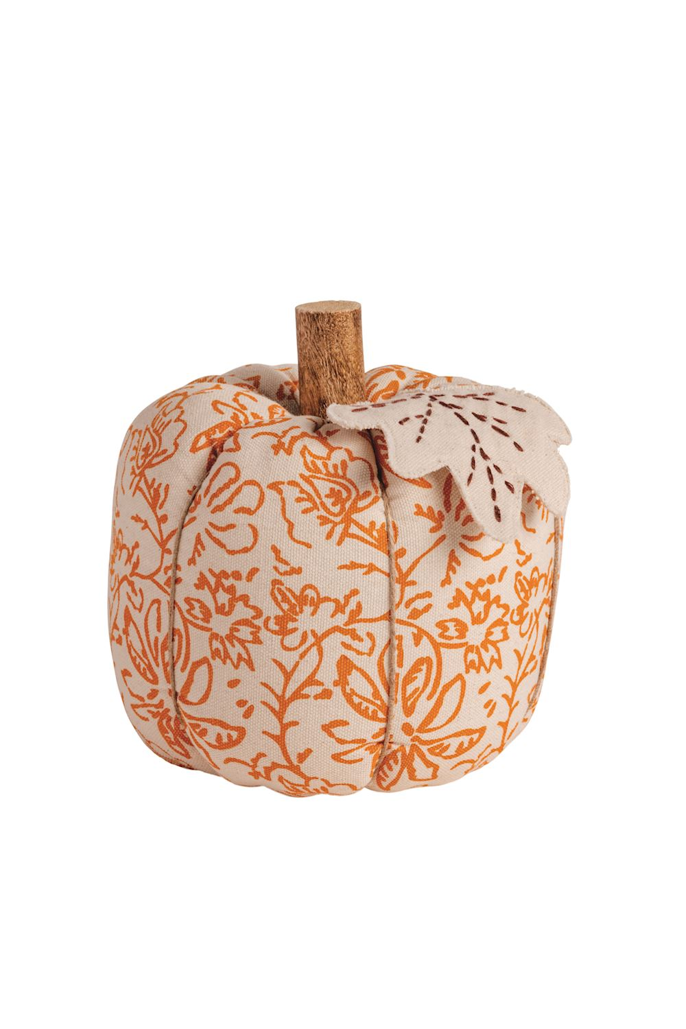 Stuffed jute pumpkin with orange floral pattern, mango wood stem, and embroidered canvas leaf.