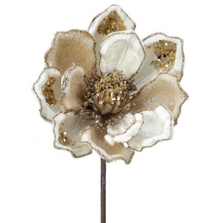 Heavy Jeweled Magnolia Stem with white velvet petals, gold glitter edges, and a sequined center.