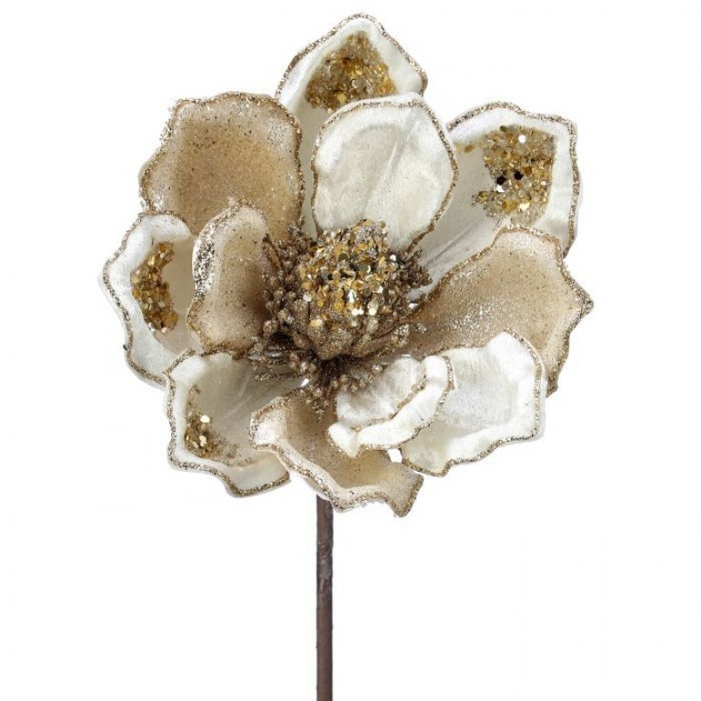 Heavy Jeweled Magnolia Stem with white velvet petals, gold glitter edges, and a sequined center.