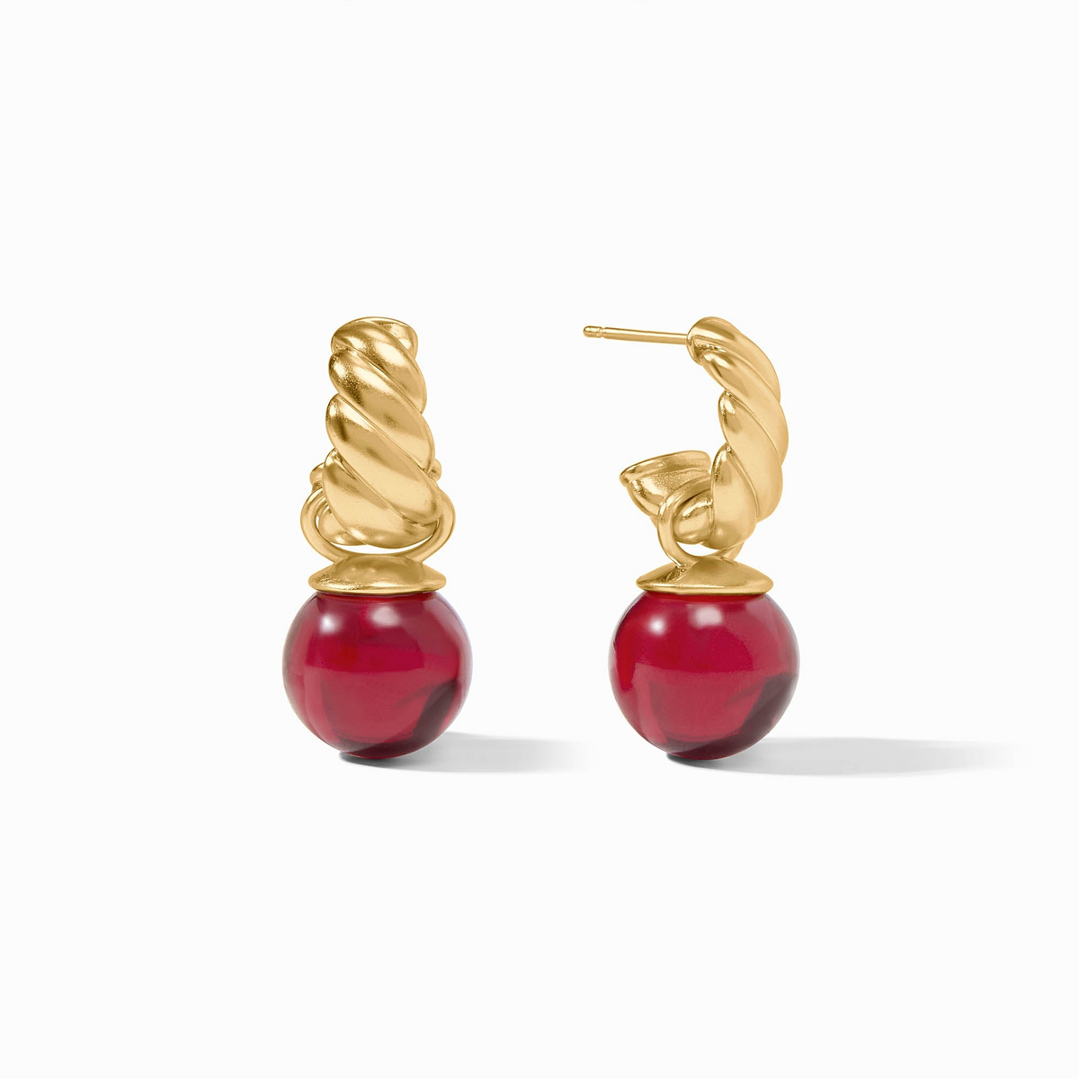 Ravello Hoop & Charm Earring in 24K gold plate with a twisted hoop and red resin charm.