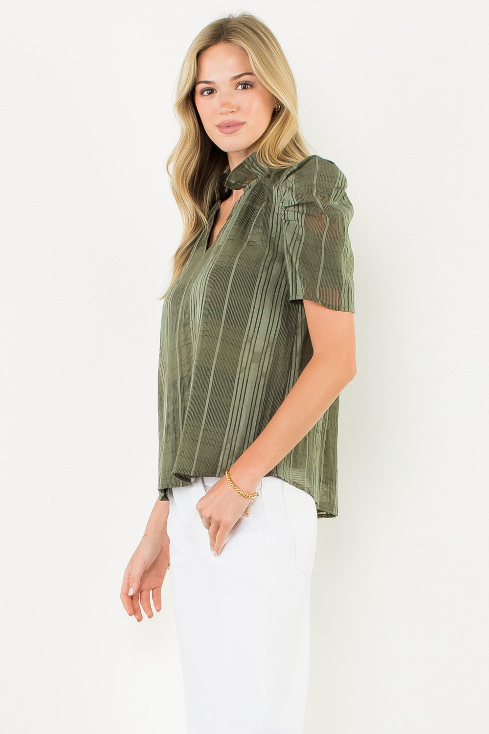 Eunice Puff Sleeve Gingham Textured V-neck Top