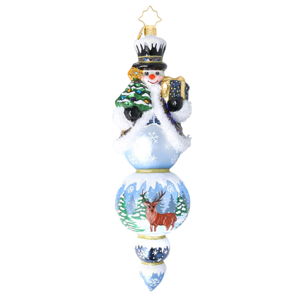 The Regal Snowman Drop ornament featuring a snowman in a blue coat above a deer winter scene.