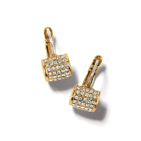 Gold plated Meridian leverback earrings featuring a cylindrical drop set with fine quality crystals.