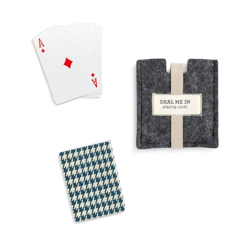 Playing cards with a houndstooth pattern in a dark gray felt case with a cream ribbon.