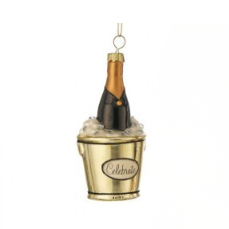 4.5-inch glass champagne bucket ornament with a black bottle in ice and 'Celebrate' on the front.