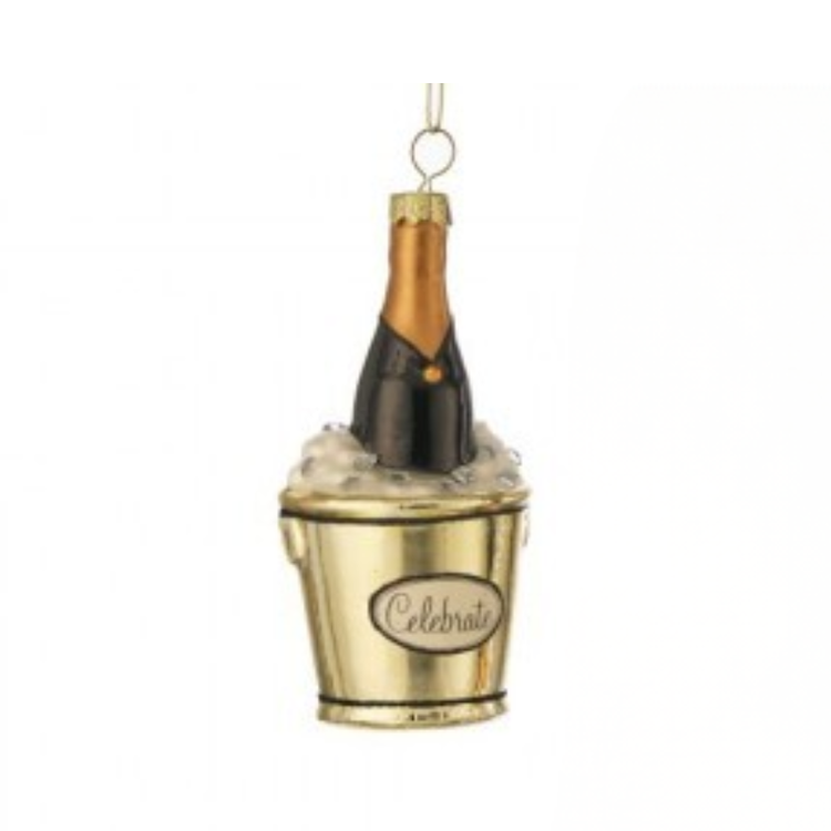 4.5-inch glass champagne bucket ornament with a black bottle in ice and 'Celebrate' on the front.