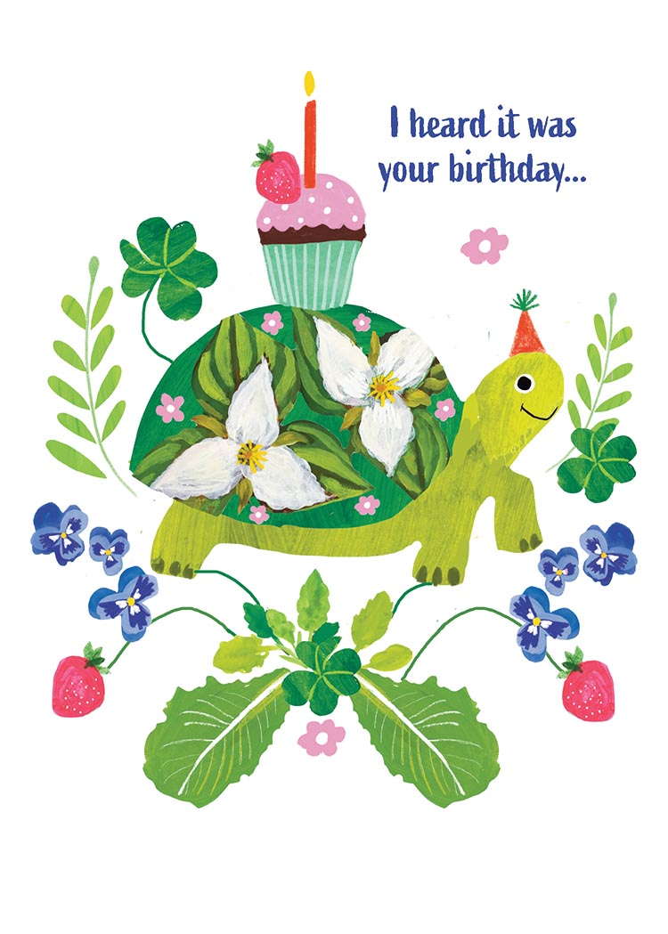 Sorry I Was Slow greeting card featuring colorful clovers, violets, strawberries, and text reading 'I heard it was your birthday...'