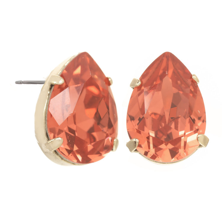 Pair of pear-shaped orange crystal stud earrings with gold-tone settings.