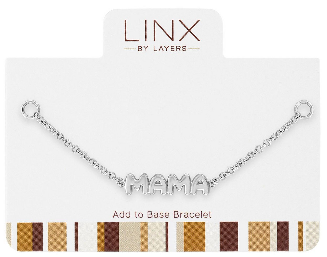 Silver LINX add-on chain featuring a polished MAMA charm on a white display card.