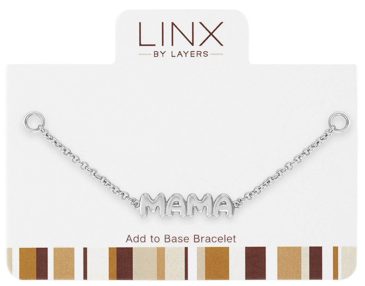 Silver LINX add-on chain featuring a polished MAMA charm on a white display card.