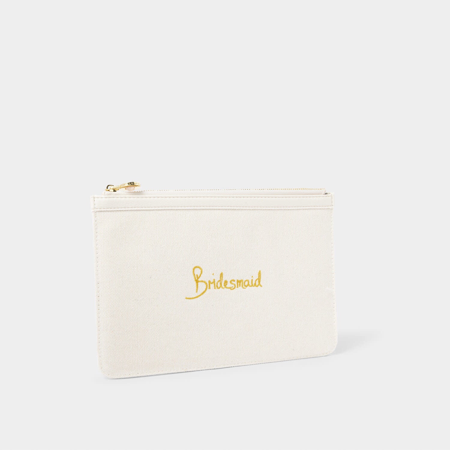 Rose Quartz canvas bridesmaid pouch with golden embroidered text and sparkling stone zipper pull.