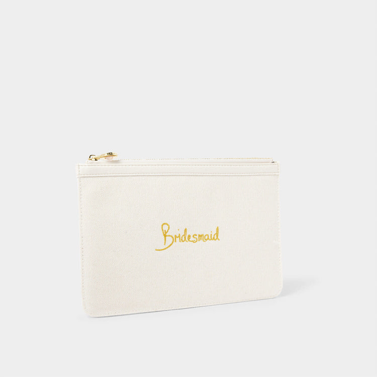 Rose Quartz canvas bridesmaid pouch with golden embroidered text and sparkling stone zipper pull.