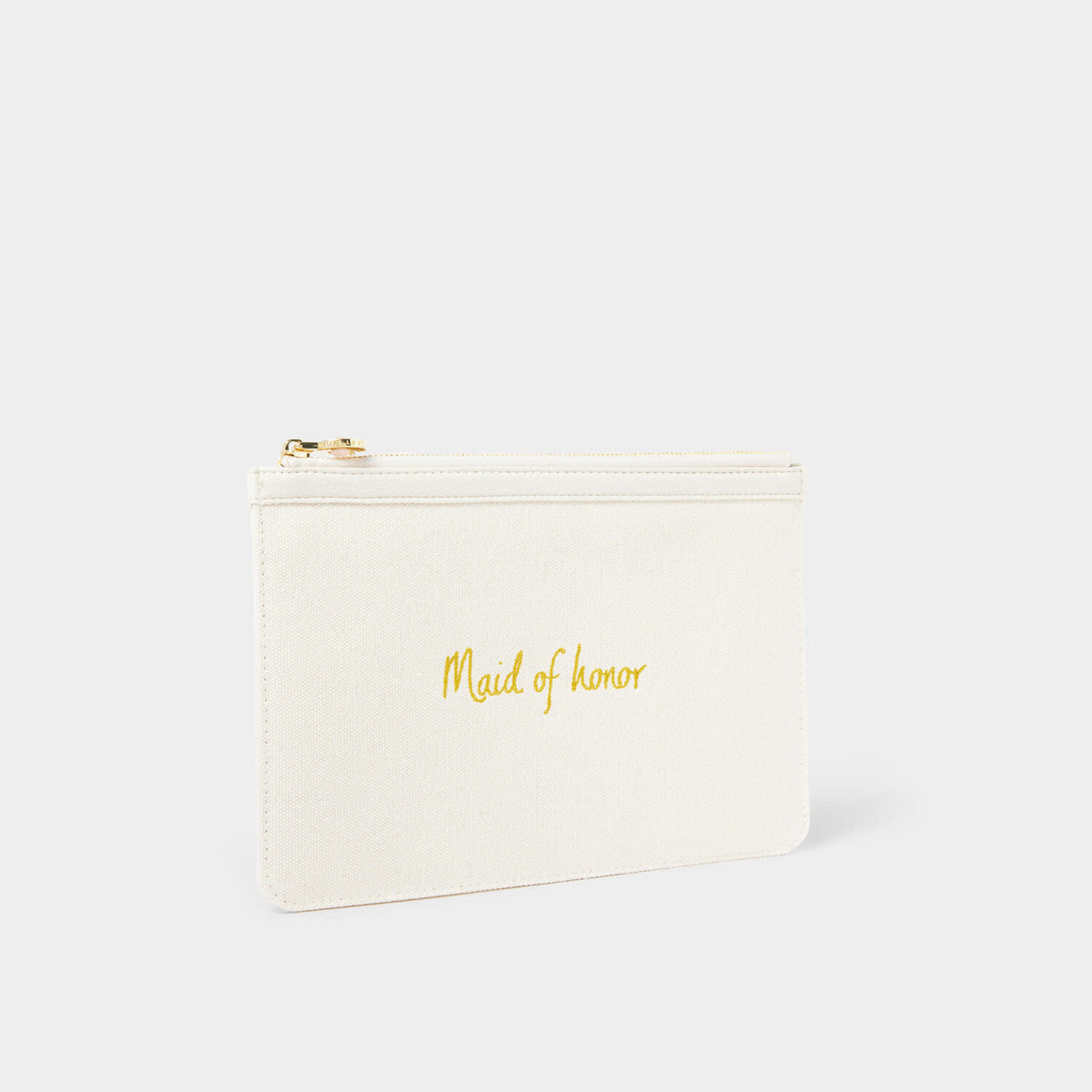Off-white canvas bridal pouch with golden 'Maid Of Honor' embroidery and sparkling stone zip pull.