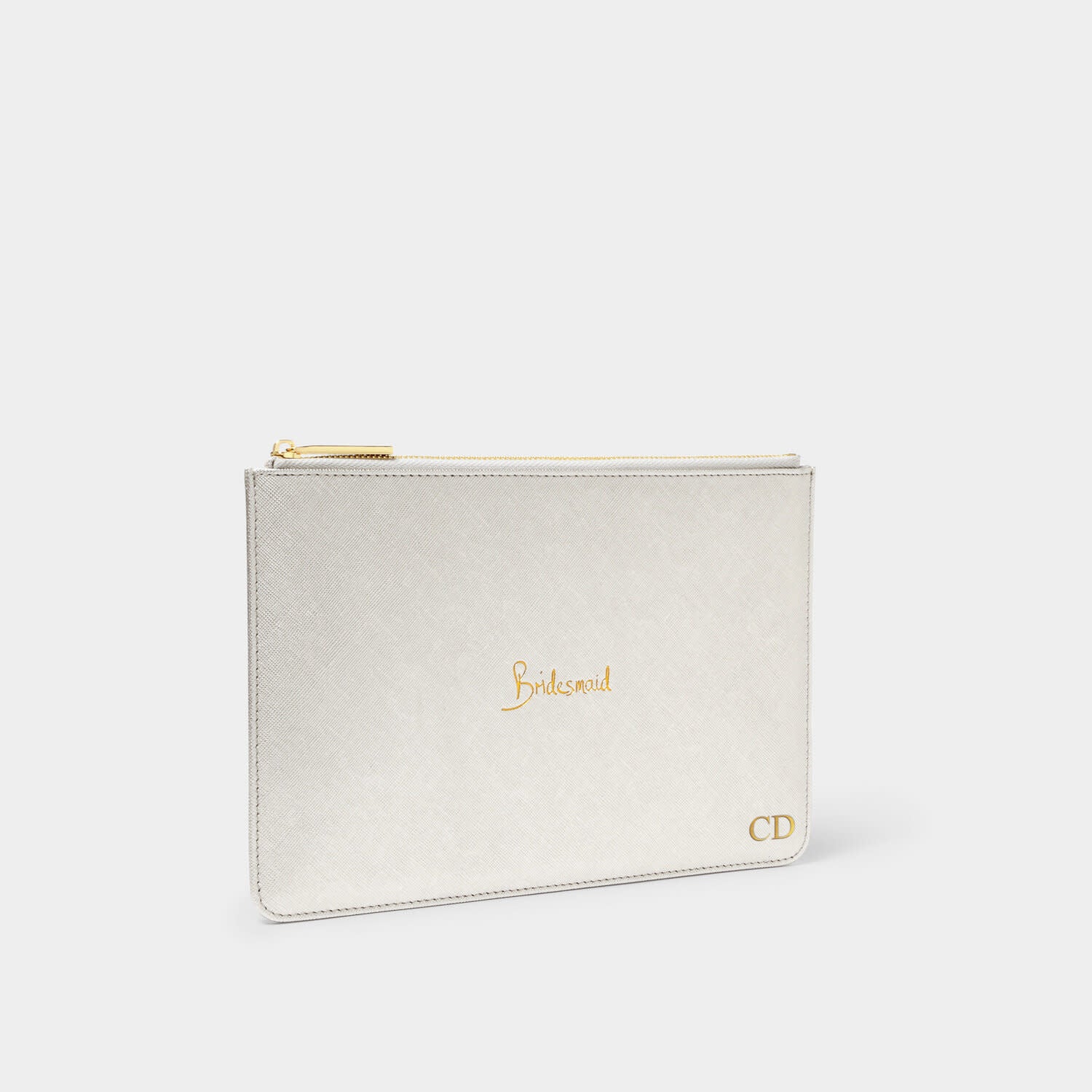 Silver vegan leather bridesmaid clutch with gold-tone hardware and embroidered text.