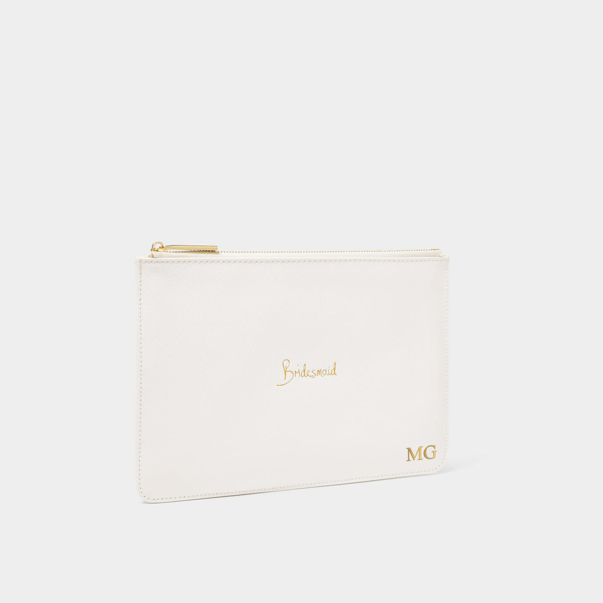White vegan leather bridesmaid pouch with gold-tone hardware and embroidered text
