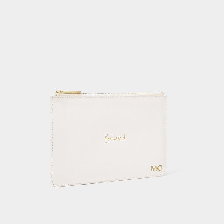White vegan leather bridesmaid pouch with gold-tone hardware and embroidered text