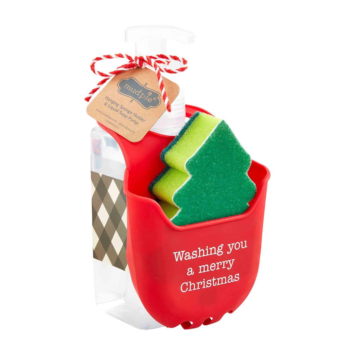 Silicone Christmas soap caddy holding a bar of soap with an attached sponge.