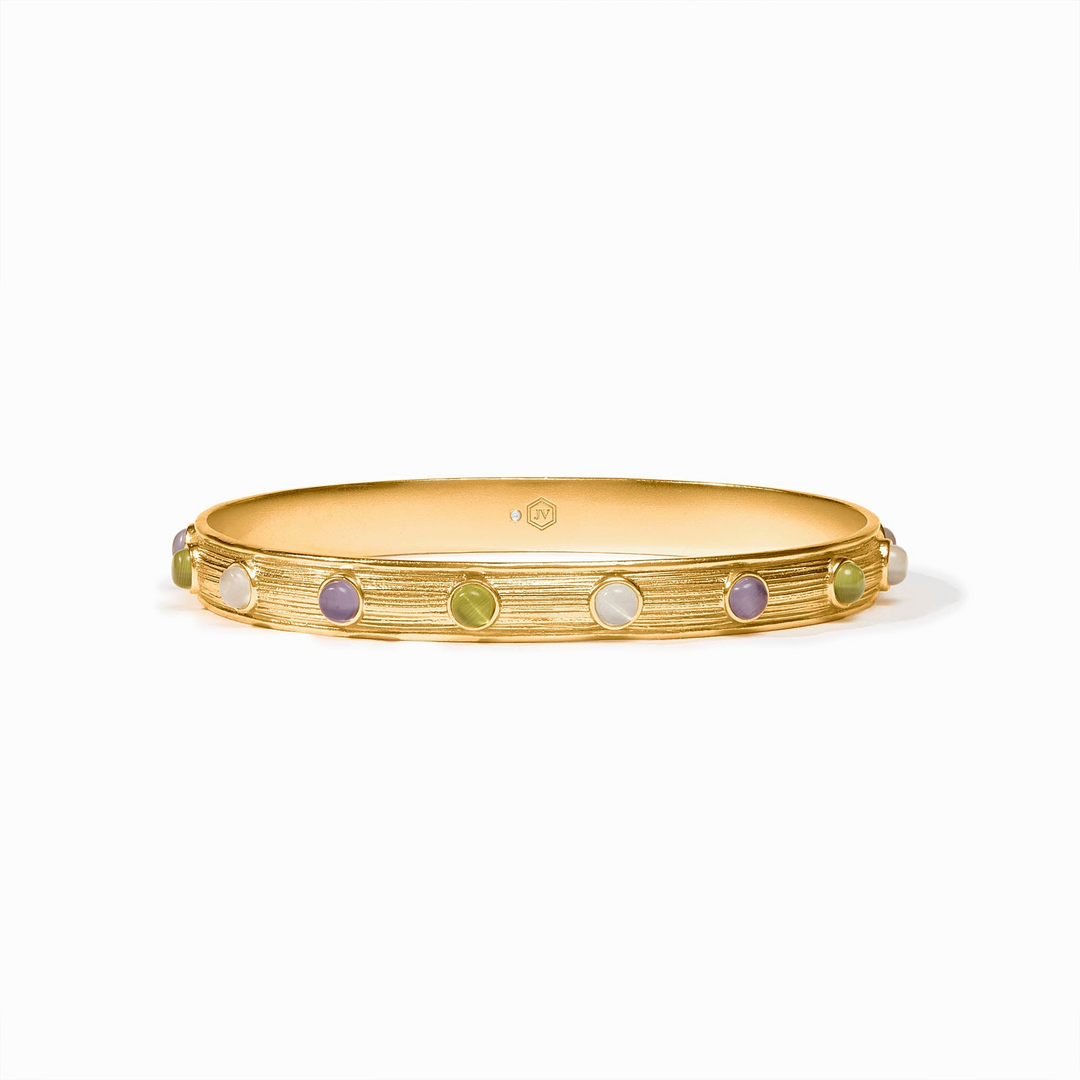 Gold-plated Cobblestone Stone Bangle with textured finish and colorful glass cabochon accents.
