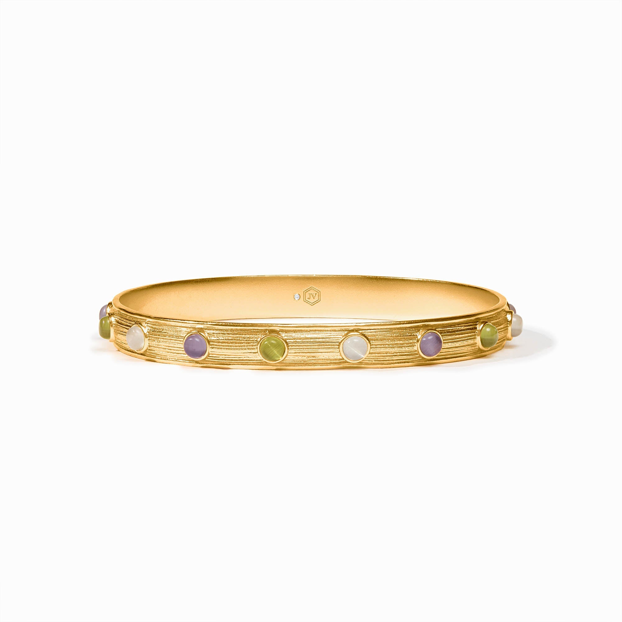 Gold-plated Cobblestone Stone Bangle with textured finish and colorful glass cabochon accents.