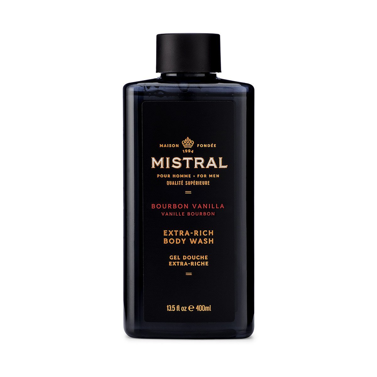 Mistral Bourbon Vanilla Extra-Rich Body Wash in a 13.5 fl oz black bottle with gold lettering.