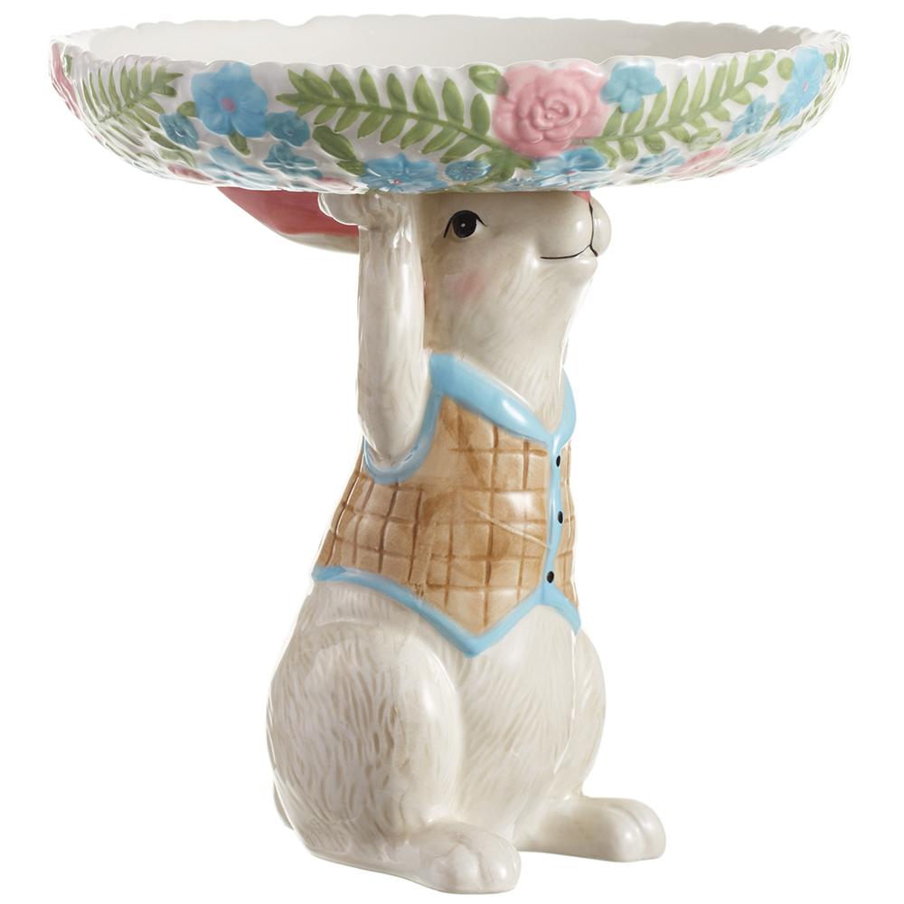 Cream-colored dolomite bunny figurine holding a plate with mixed glaze accents.