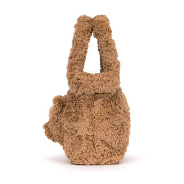 Bartholomew Bear Handbag made of soft, textured brown faux fur with two top handles.