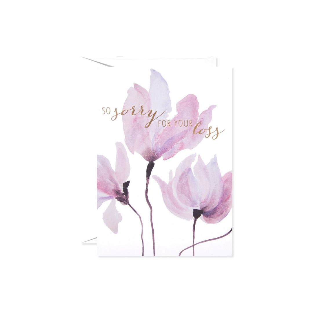 Pink watercolor petal card with a soft floral pattern on white background.