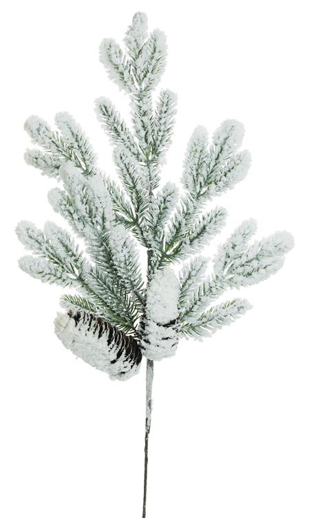Snow Noble Pine Spray in white with frosted needles and a pinecone on a brown stem.