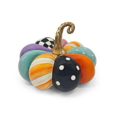 Whimsy Patchwork Small Squashed Pumpkin with colorful patterns and a gold twisted stem.