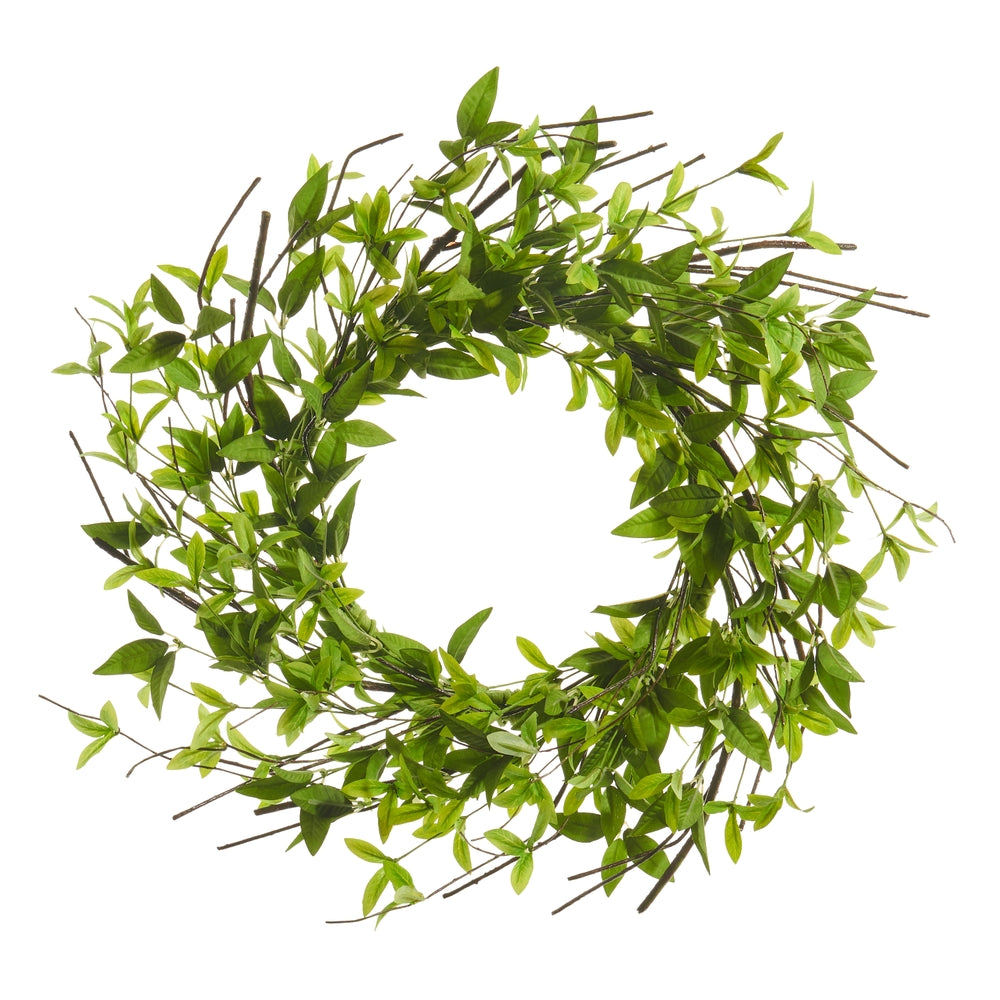 Round greenery wreath made of polyester measuring 24 inches in diameter.