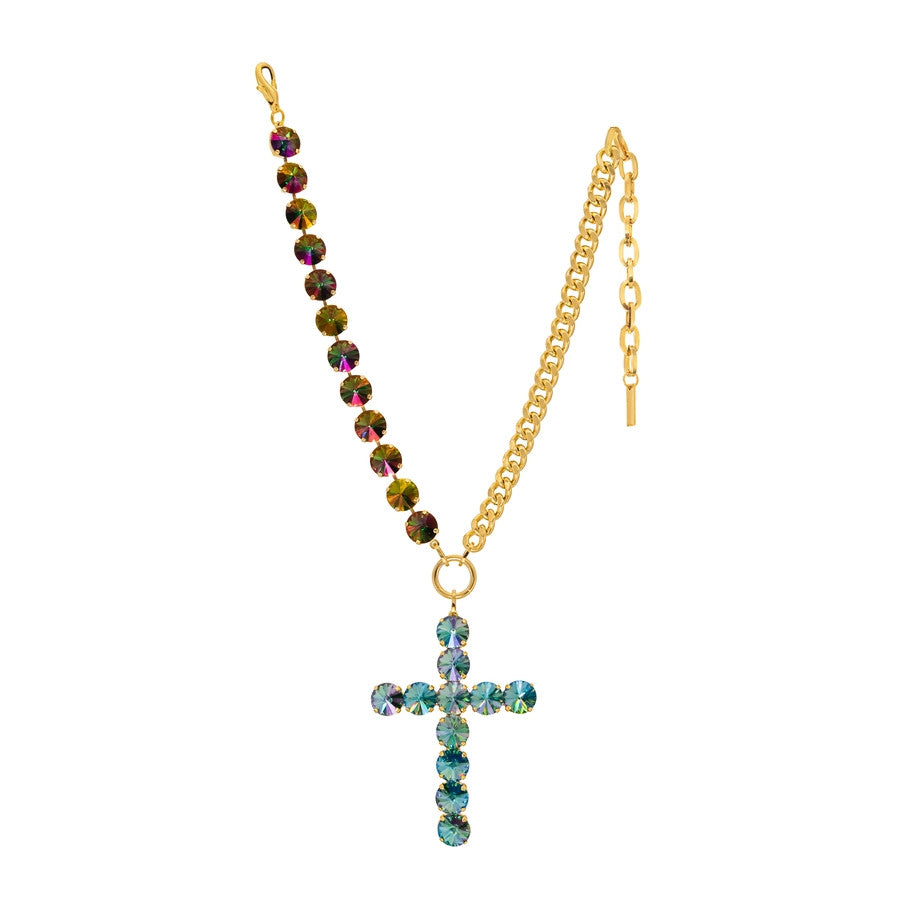 Antique gold plated brass necklace with light turquoise lemon hand-painted enamel pendant.
