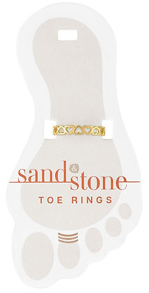 Sand & Stone gold-tone toe ring with a cutout heart pattern on a foot-shaped card.