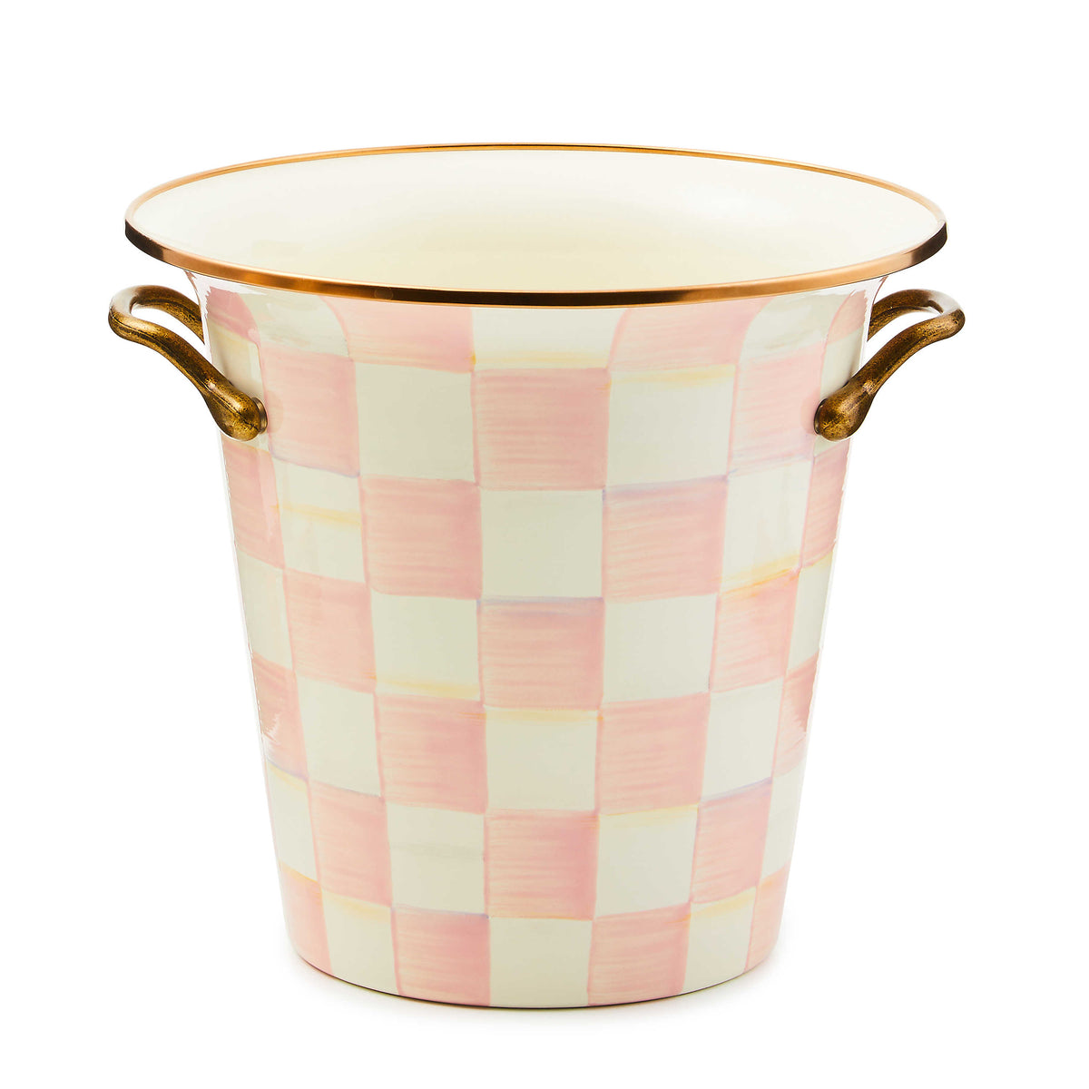Hand-glazed steel wine cooler with rosy check floral pattern, bronzed stainless rim, and antiqued brass handles.