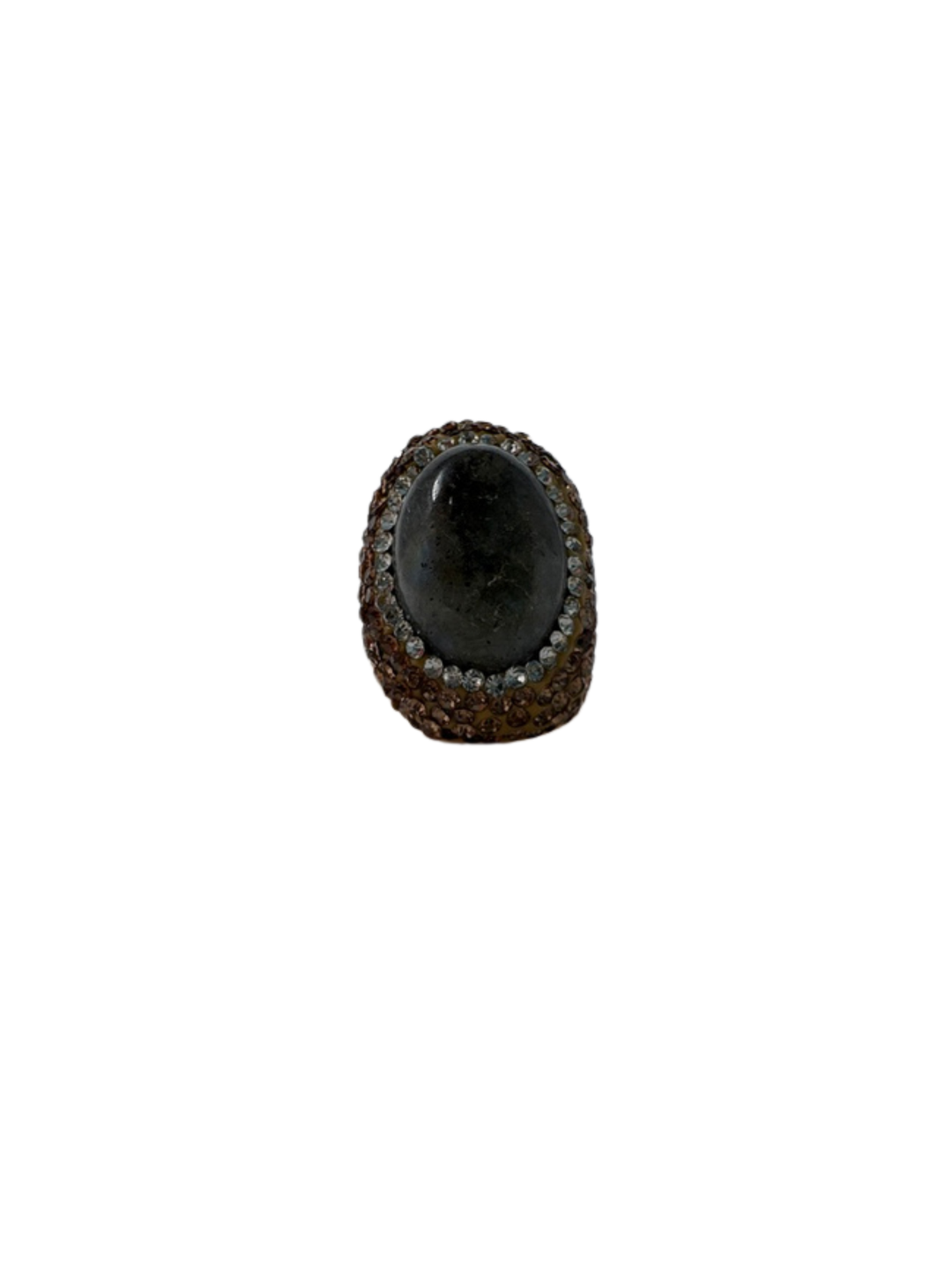 Fashion gemstone ring featuring a large oval dark stone surrounded by clear and amber crystals.