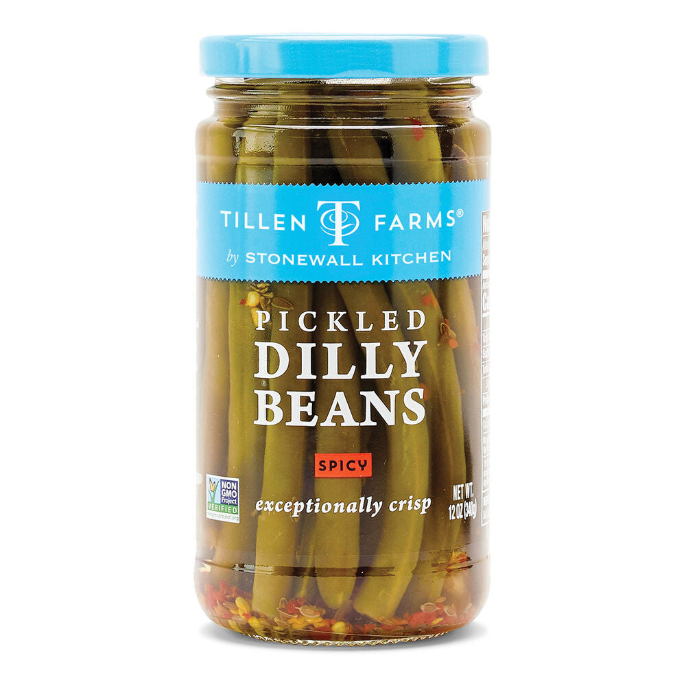 A jar of Tillen Farms Spicy Pickled Dilly Beans by Stonewall Kitchen.