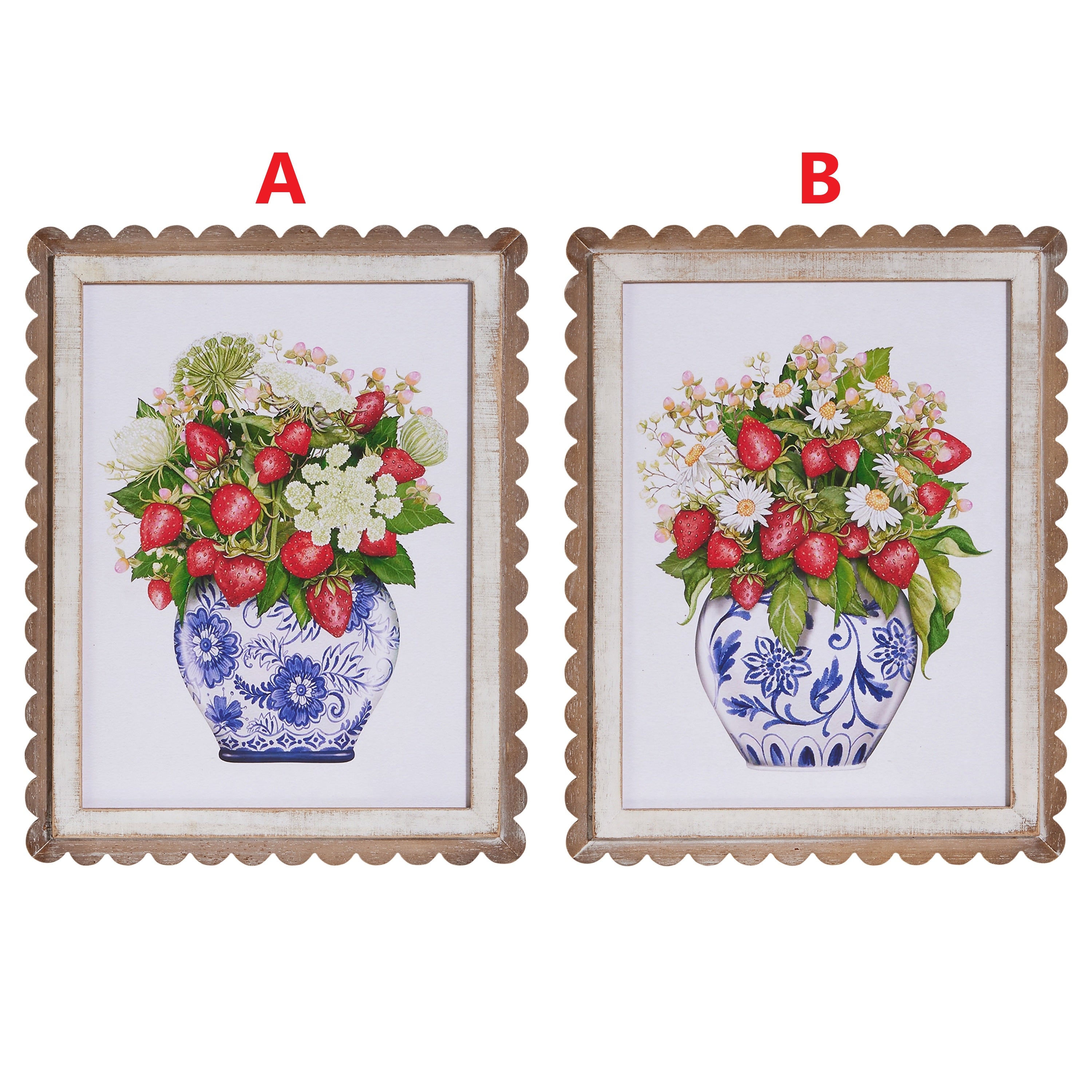 Scalloped framed wall art featuring a Wild Berry floral print on MDF veneer.