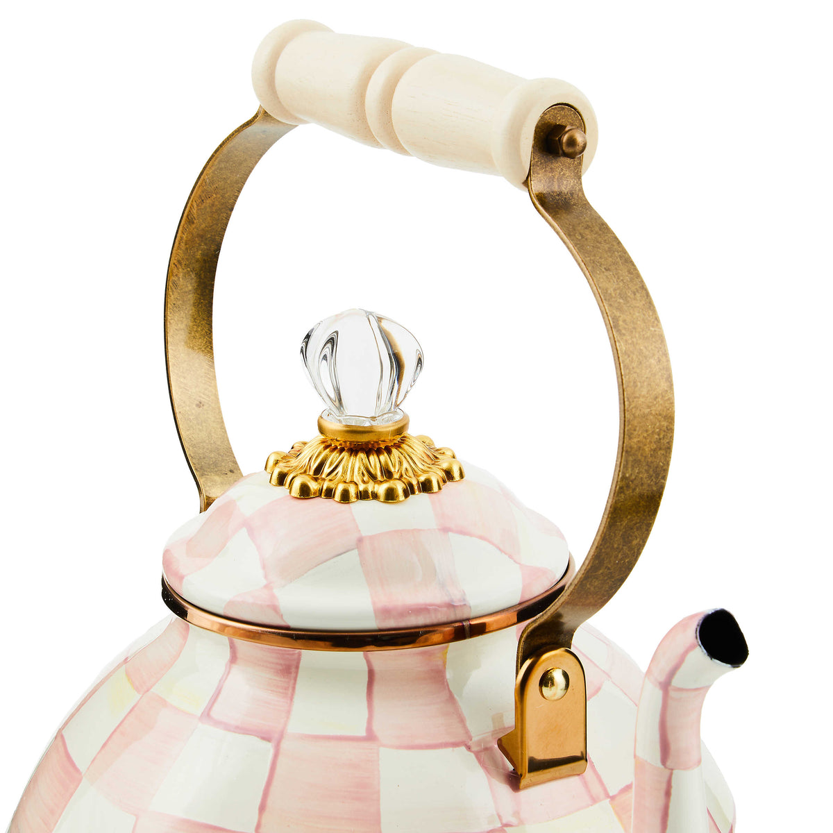 Close-up of a 3-quart Rosy Check enamel tea kettle with a wood handle and glass lid knob.