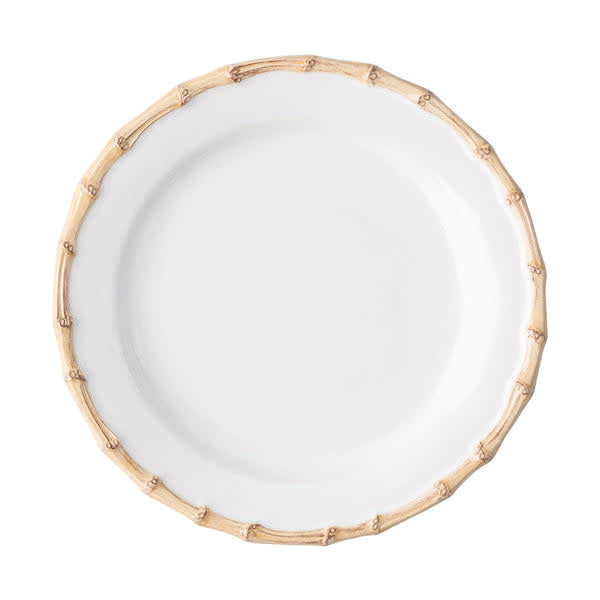 Natural bamboo-trimmed ceramic dinner plate with a classic round shape.