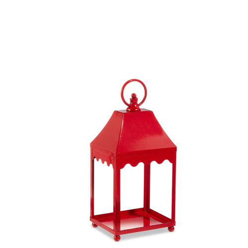 Iron lantern with decorative cutouts measuring 8 inches wide by 6 inches deep.
